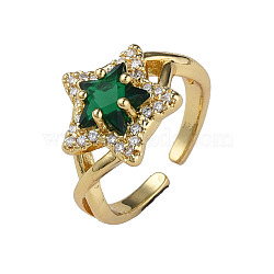 Cubic Zirconia Star Open Cuff Rings, Real 18K Gold Plated Brass Jewelry for Women, Nickel Free, Green, US Size 6 3/4(17.1mm)(RJEW-N035-133C)