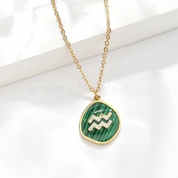 304 Stainless Steel Micro Pave Cubic Zirconia constellation Pendant Necklaces, with Synthetic Malachite, Golden, Aquarius, 17.72 inch(45cm) long+50mm extender(NJEW-R021-01G-11)