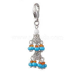 Glass Seed Bead Pendant Decorations, with Iron Bead Caps, Glass Pearl Bead and Zinc Alloy Lobster Claw Clasps, Platinum, 55mm(HJEW-MZ00057-01)