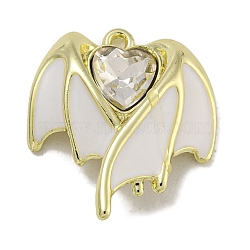 Rack Plating Alloy Enamel Pendants, with Rhinestone, Cadmium Free & Nickel Free & Lead Free, Wing & Heart, Golden, White, 20.5x17.5x5.5mm, Hole: 1.2mm(PALLOY-F312-49G-01)