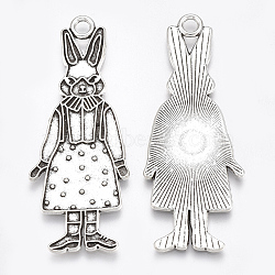 Tibetan Style Alloy Bunny Pendant Enamel Settings, Cadmium Free & Lead Free,, Rabbit with Dress, Antique Silver, 50x19.5x1.5mm, Hole: 2.5mm(X-TIBE-S314-26AS-LF)