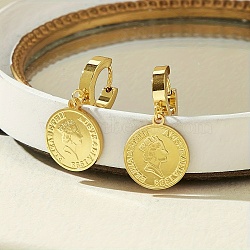 201 Stainless Steel Hoop Earrings, Flat Round with Coin Pattern, Golden, 33x15mm(QX0168)