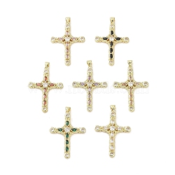 Real 18K Gold Plated Brass with Glass Pendants, Cross, Mixed Color, 42.5x29.5x4mm, Hole: 3.5x3.9mm(KK-A209-32G)