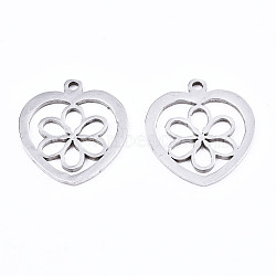 Non-Tarnish 201 Stainless Steel Pendants, Laser Cut, Heart with Flower, Stainless Steel Color, 17.5x15.5x1mm, Hole: 1.4mm(STAS-T044-215P)