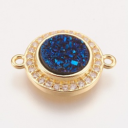 Brass Micro Pave Cubic Zirconia Links, with Druzy Resin Cabochon, Flat Round, Golden, Marine Blue, 17x13x3~5mm, Hole: 1.2mm(KK-P145-A08-G)