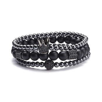 3Pcs 3 Style Round Synthetic Black Stone & Hematite Beaded Stretch Bracelets Set, Gemstone Bracelets with Ball Crown Hexagon for Women, Gunmetal, Inner Diameter: 2 1/4~2-3/8 inch(5.7~6.1cm)