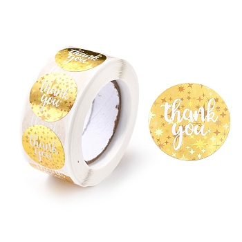 Thank you Stickers Roll, Self-Adhesive Paper Gift Tag Stickers, for Party, Decorative Presents, Flat Round , Gold, 25x0.1mm, about 500pcs/roll