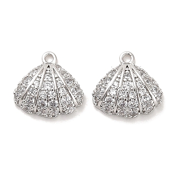 Brass Micro Pave Clear Cubic Zirconia Charms, Shell, Real Platinum Plated, 10.5x11x4mm, Hole: 1mm