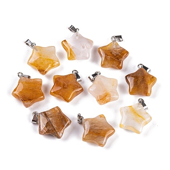 Natural Yellow Hematoid Quartz Pendants, Star Charm with 201 Stainless Steel Snap on Bails, Stainless Steel Color, 20~21x17~19x7~8mm, Hole: 6x3mm