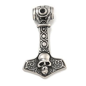 316 Surgical Stainless Steel Pendants, with Rhinestone, Thor's Hammer with Skull Charm, Jet, 42x24.5x8.5mm, Hole: 5x4mm