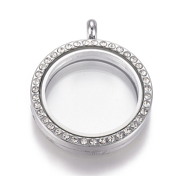 Flat Round Alloy Rhinestone Magnetic Locket Pendants, Photo Frame Living Memory Floating Charms, with Glass Cover, Platinum, 37x30x6mm, Hole: 4mm, Inner Diameter: 22.5mm
