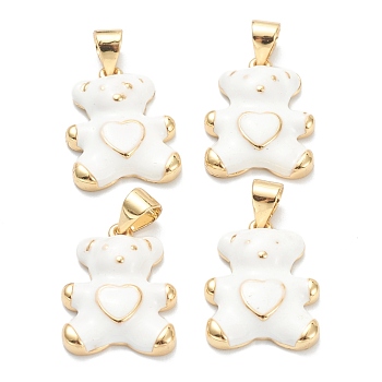 Brass Enamel Pendants, Real 18K Gold Plated, Long-Lasting Plated, Bear with Heart, White, 18x13.5x4mm, Hole: 5x3.5mm