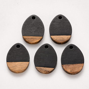 Resin & Walnut Wood Pendants, teardrop, Black, 17.5x13x4mm, Hole: 1.8mm