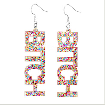 Feminism Jewelry, Acrylic Dangle Earrings, with Platinum Plated Iron Earring Hooks, Word, Colorful, 70mm