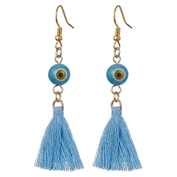 Evil Eye Lampwork & Tassel Earrings, Golden Iron Long Dangle Earrings, Deep Sky Blue, 70~72x17~22mm