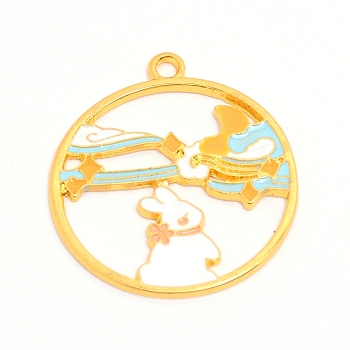 Alloy Enamel Pendants, Flat Round with White Rabbit, Cadmium Free & Lead Free, Golden, 28.5x26x1.2mm, Hole: 2mm