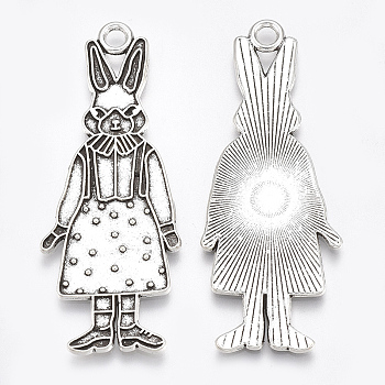 Tibetan Style Alloy Bunny Pendant Enamel Settings, Cadmium Free & Lead Free,, Rabbit with Dress, Antique Silver, 50x19.5x1.5mm, Hole: 2.5mm