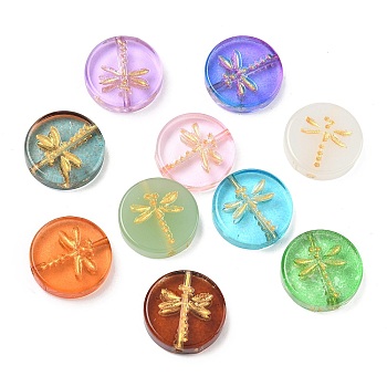Handmade Lampwork Beads, Golden Metal Enlaced, Flat Round with Dragonfly, Mixed Color, 17x4.5mm, Hole: 1.2mm