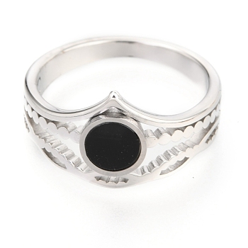 304 Stainless Steel Finger Rings, with Resin, Flat Round, Black, Stainless Steel Color, US Size 7, Inner Diameter: 17mm