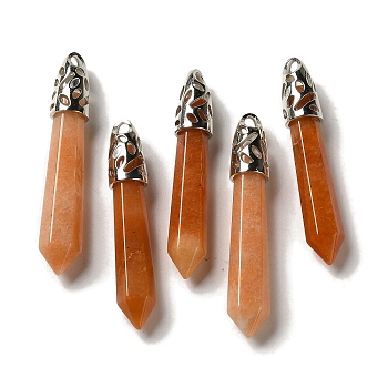 Natural Red Aventurine Pointed Big Pendants, Faceted Bullet Charms with Rack Plating Platinum Plated Brass Findings, 56~65x11~11.5x10~10.5mm, Hole: 4X3mm