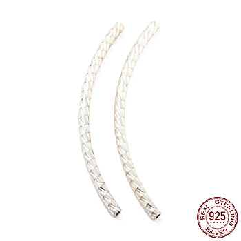 925 Sterling Silver Tube Beads, Diamond Cut, Curved Tube, Silver, 31x7x1.5mm, Hole: 0.8mm