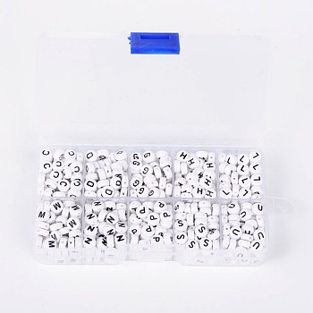 1 Box Letter Acrylic Beads, Horizontal Hole, Flat Round, Letter L/G/H/S/C/D/M/N/P/U, White, 7x4mm, Hole: 1mm, about 62pcs/compartment, 620pcs/box