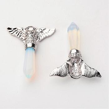 Brass Opalite Pendants, Bullet with Skull & Wing, Platinum, Pointed Pendant, 48~50x36x8mm, Hole: 3mm