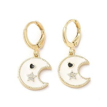 Moon & Star Real 18K Gold Plated Brass Dangle Leverback Earrings, with Enamel and Cubic Zirconia, White, 28x13mm