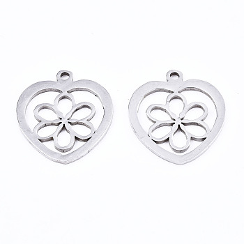 201 Stainless Steel Pendants, Laser Cut, Heart with Flower, Stainless Steel Color, 17.5x15.5x1mm, Hole: 1.4mm
