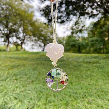 Heart Natural Rose Quartz Pendant Decoration, with Natural Mixed Stone Chips and Alloy Findings, Tree of Life, 130x30mm