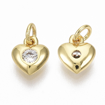 Brass Micro Pave Cubic Zirconia Charms, with Jump Ring, Nickel Free, Heart, Clear, Real 18K Gold Plated, 7.5x6.5x2.5mm, Hole: 2mm