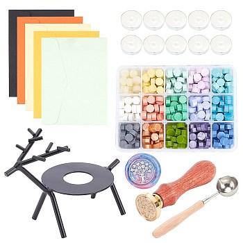 CRASPIRE DIY Scrapbook Making Kits, Including Sealing Wax Particles, Paper Envelopes, Iron Wax Furnaces, Iron Wax Sticks Melting Spoon, Candles, Brass Wax Seal Stamp and Wood Handle Sets, Mixed Color, 0.9x0.5cm, 393pcs/set