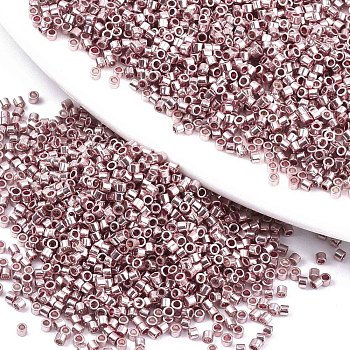 11/0 Grade A Glass Seed Beads, Cylinder, Uniform Seed Bead Size, Metallic Colours, Pink, 1.5x1mm, Hole: 0.5mm, about 20000pcs/bag