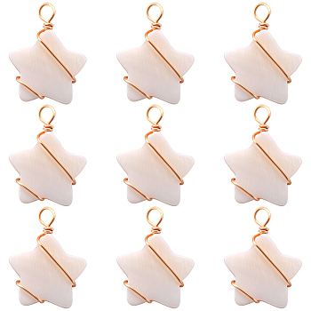 30Pcs Natural Freshwater Shell Pendants, Star Charms, with Real 18K Gold Plated Eco-Friendly Copper Wire Wrapped, Creamy White, 24x18x4mm, Hole: 4mm