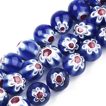 Handmade Millefiori Glass Beads Strands, Round, Blue, 10mm, Hole: 1.2mm, about 36~38pcs/strand, 13.78 inch~14.88 inch(35cm~37.8cm)