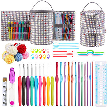 DIY Knitting Kits with Storage Bags for Beginners Include Crochet Hooks, Polyester Yarn, Crochet Needle, Stitch Markers, Scissor, Ruler, Tape Measure, Thistle, 18x44cm