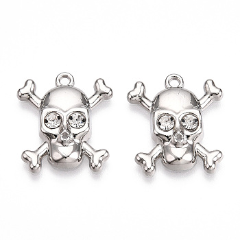 Rack Plating Alloy Rhinestone Pendants, Cadmium Free & Nickel Free & Lead Free, Skull Charms, Platinum, 21.5x19x4mm, Hole: 1.6mm