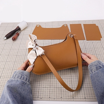 DIY Imitation Leather Sew on Women's Handbag Making Kits, including Imitation Leather, Bag Straps, Zipper, Saddle Brown, Finish Product: 17x26x6cm