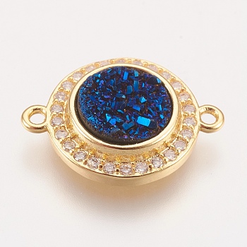 Brass Micro Pave Cubic Zirconia Links, with Druzy Resin Cabochon, Flat Round, Golden, Marine Blue, 17x13x3~5mm, Hole: 1.2mm