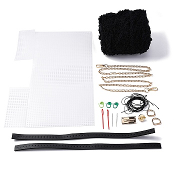 DIY Woolen Yarn Square Knitting Crochet Bags, including PU Leather Belt, Plastic Mesh, Wax Cord, Alloy D Ring & Magnetic Snap, Iron Pin & Chain, Black, 1cm