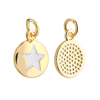 Brass Enamel Charms, with Jump Rings, Long-Lasting Plated, Flat Round with Star, Real 18K Gold Plated, 12.5x10x2mm, Hole: 3mm, 10pcs/box
