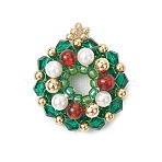 Glass Pendants, Christmas Wreath, with Brass & Shell Pearl & Natural Carnelian Round Beads, Faceted, Colorful, 28x23.5x7.5mm, Hole: 2.5mm(PALLOY-MZ00834)