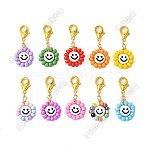 20Pcs 10 Colors Flat Round with Smiling Face Glass Seed Pendant Decorations, Alloy Lobster Claw Clasps Charm for Bag Key Ornaments, Mixed Color, 41mm, 2pcs/color(HJEW-SZ00012)