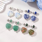 Heart Mixed Stone Dangle Stud Earrings, with 304 Stainless Steel Earring Findings, Stainless Steel Color, 29.5~30x15mm(EJEW-JE06919)
