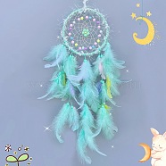 Woven Web/Net with Feather Decorations, with Iron Ring, for Home Bedroom Hanging Decorations, Flower, Aquamarine, 580mm(PW-WG13259-04)
