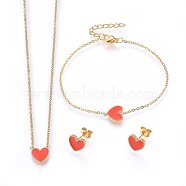 304 Stainless Steel Jewelry Sets, Pendant Necklaces & Stud Earrings & Bracelets, with Enamel, Heart, Orange Red, Golden, 15.75 inch(40cm), 6-3/4 inch(17cm), 9x10x2mm, Pin: 0.8mm(X-SJEW-H144-21G)