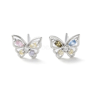 925 Sterling Silver Micro Pave Clear Cubic Zirconia Stud Earrings, Butterfly, Platinum, 6.5x9mm(EJEW-P296-25P)