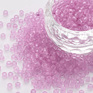 8/0 Transparent Glass Seed Beads, Round Hole, Frosted Colours, Round, Plum, 3~4x2~3mm, Hole: 0.8mm, about 15000pcs/Pound(SEED-S048-H-005)