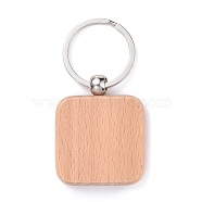 Natural Wood Keychain, with Platinum Plated Iron Split Key Rings, Square, BurlyWood, 7.5cm, Square: 48.5x39.5x7mm(HJEW-P008-05)