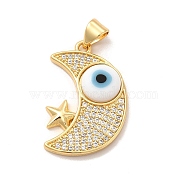 Rack Plating Brass Micro Pave Clear Cubic Zirconia Pendants, with Handmade Evil Eye Lampwork, Cadmium Free & Lead Free, Long-Lasting Real 18K Gold Plated, Moon with Star Charm, White, 25x16.5x4mm, Hole: 5x3.5mm(LAMP-A153-01G-03)